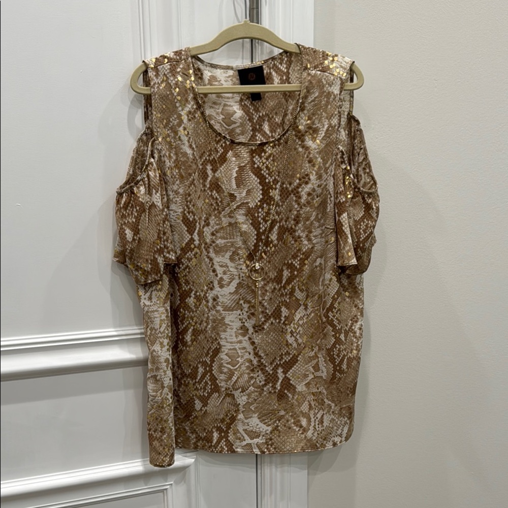 JM Collection Beige &Metallic Snake print cold shoulder blouse Size M